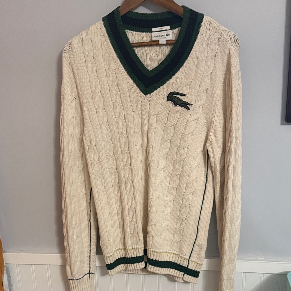 Lacoste Men's V-Neck Sweater in Cream and Green
